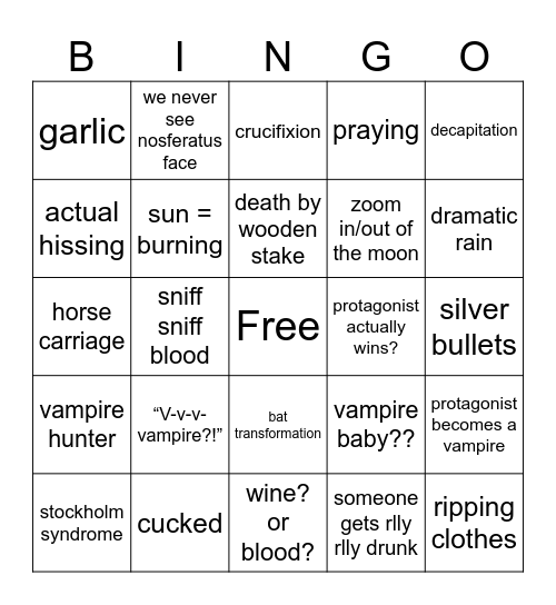 Freaky Vampire Movie Bingo Card