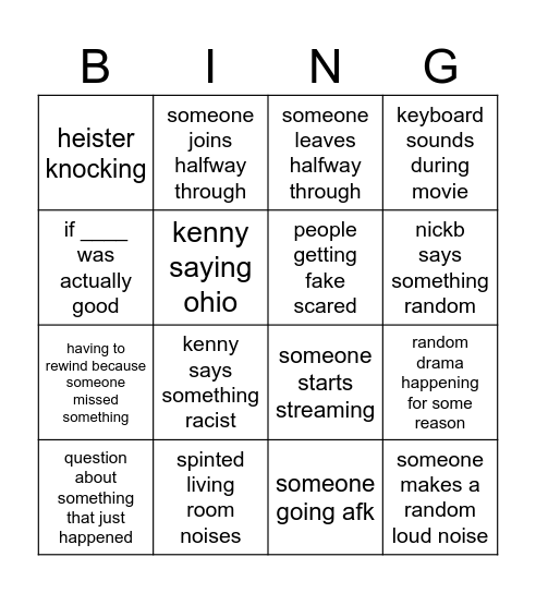 MaliciousKraft Movie Bingo Card