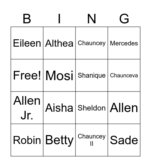 Allen & Betty Jones Family Bingo Card