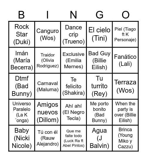 Bingo Musical 1 Bingo Card