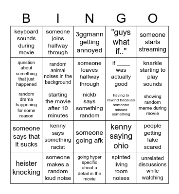 MaliciousKraft Movie Bingo Card