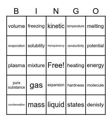 Properties of matter Bingo Card