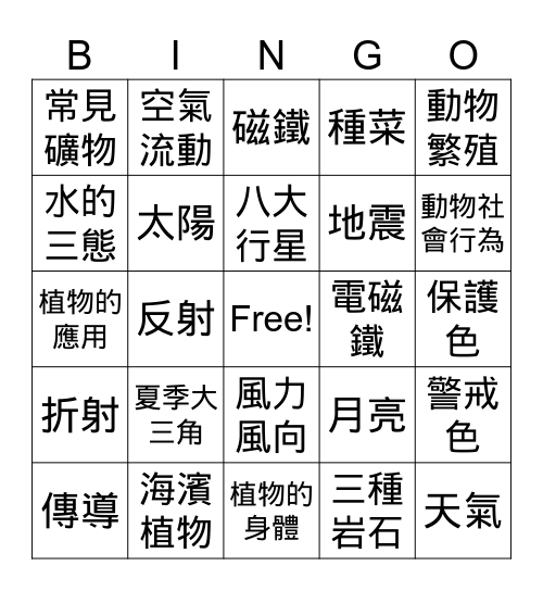 自然 Bingo Card