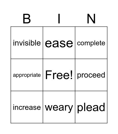 Vocabulary Jan. 20-27 Bingo Card