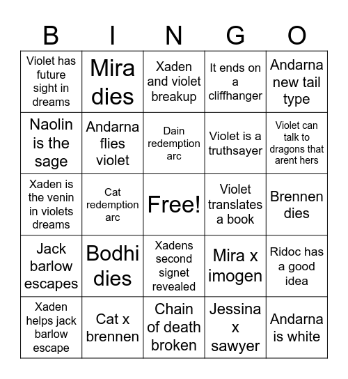 Onyx storm bingo Card