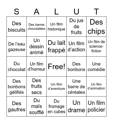 LES FILMS ET LES COLLATIONS (SNACKS) Bingo Card