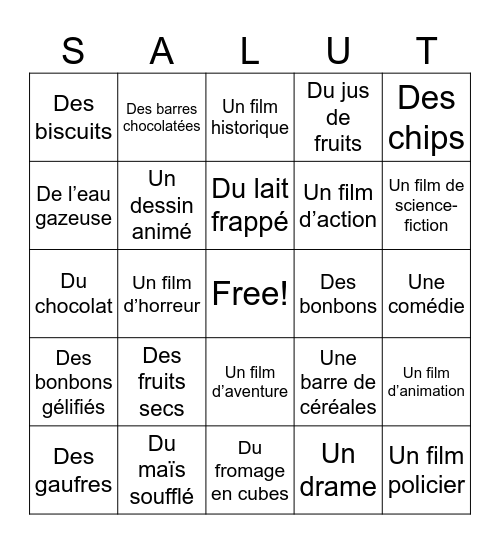 LES FILMS ET LES COLLATIONS (SNACKS) Bingo Card