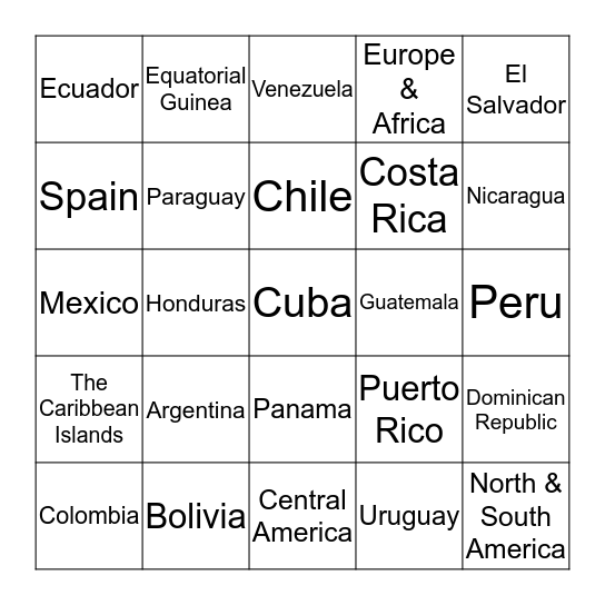 Spanish Speaking Countries Bingo Card