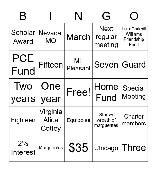 P.E.O. Bingo Card