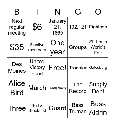 P.E.O. Bingo Card