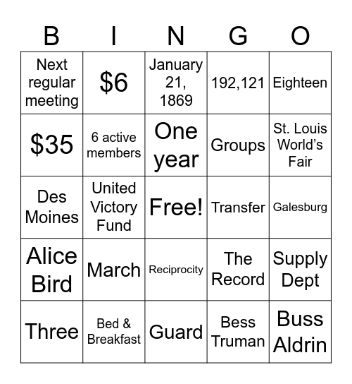 P.E.O. Bingo Card