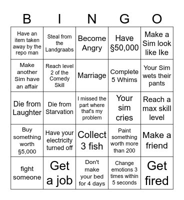 The Sims 4 Bingo Card