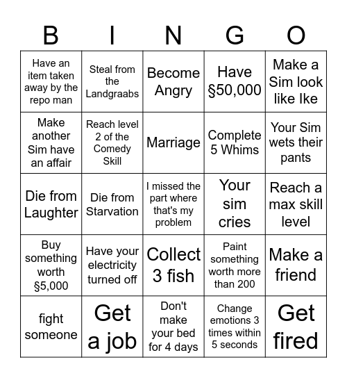 The Sims 4 Bingo Card