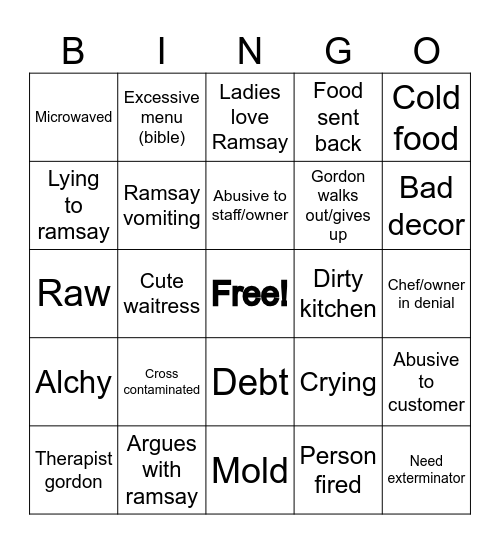 Kitchen Nightmares Bingo Card