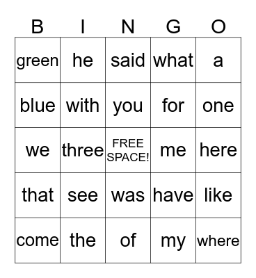 1st Grade Bingo Card