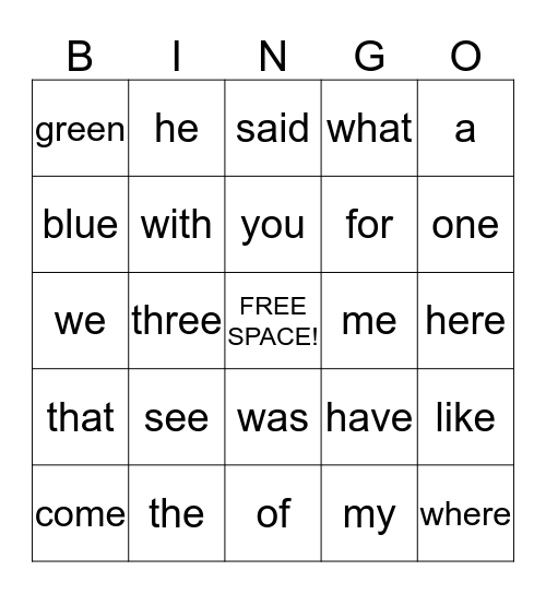 1st Grade Bingo Card