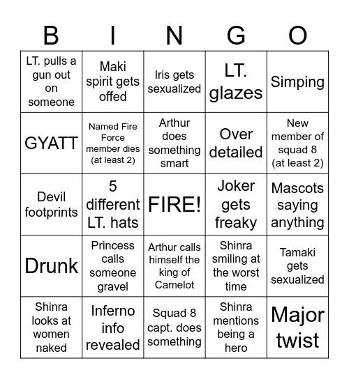 Fire Force Season 1 Bingo Card