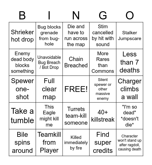 Helldivers 2 BUGS Bingo Card