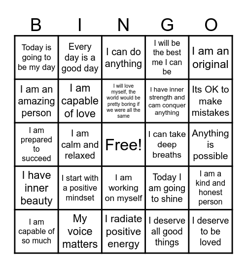 Positive Affirmation Bingo Card