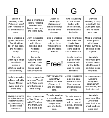 S20 U12 I am wearing a suit Bingo Card