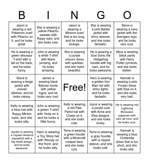 S20 U12 I am wearing a suit Bingo Card