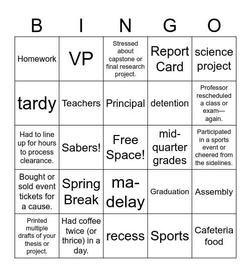 2nd Semester Bingo Card