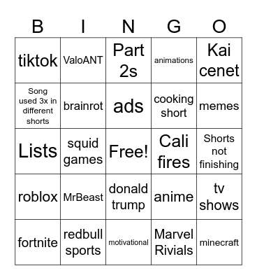 Yt Short Bingo Card