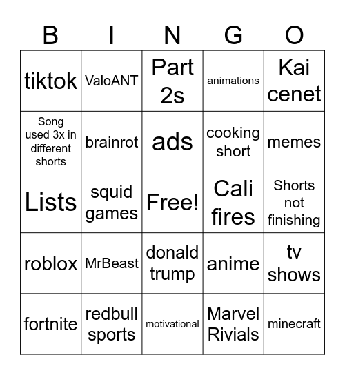 Yt Short Bingo Card