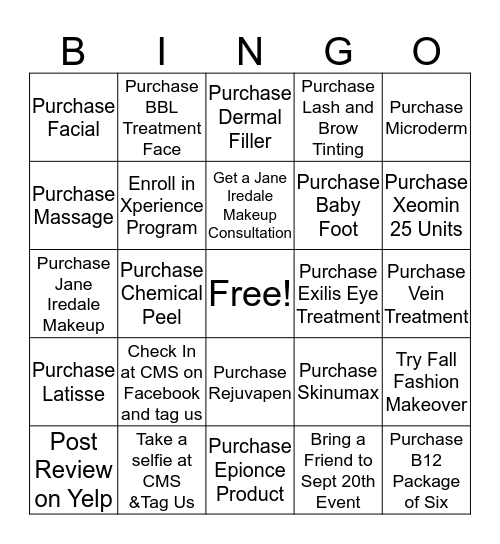 Charleston Medical Spa Beauty BINGO.  Complete a horizontal, vertical or diagonal BINGO to win your favorite Jane Iredale Product OR Coverall for a FREE Exilis Treatment! Bingo Card