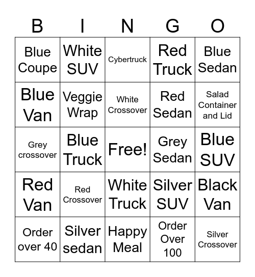 CFA Outdoor Order Takers Bingo Card