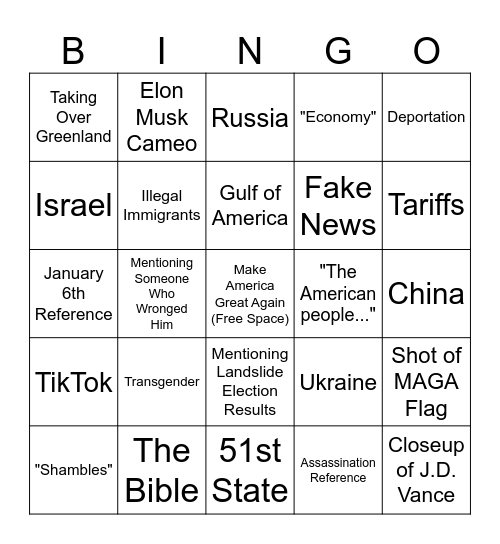 Inauguration Day Bingo Card