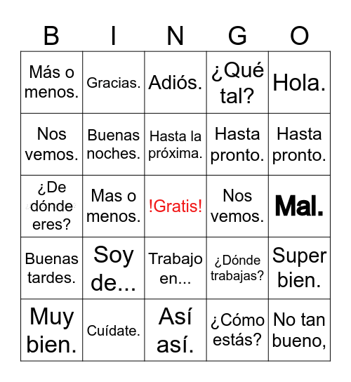 Saludos y Despedidas Bingo Card
