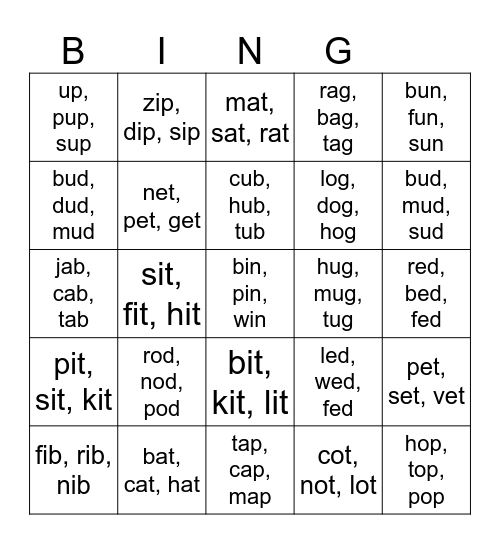 Short Vowel Triplets 5x5 Bingo Card