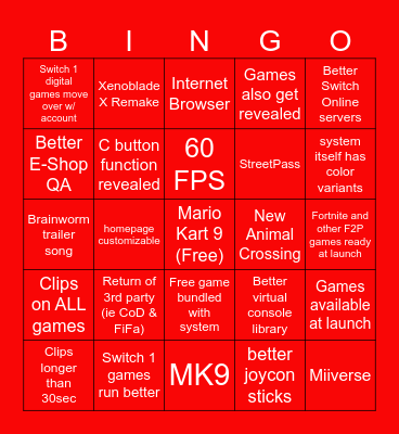 New Super Nintendo Switch 2 XL Bingo Card