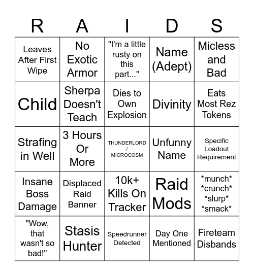 D2 LFG Bingo Card
