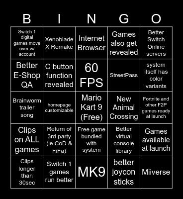Switch Two Reveal Bingo Card