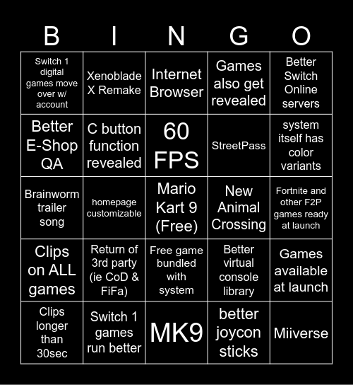 Switch Two Reveal Bingo Card
