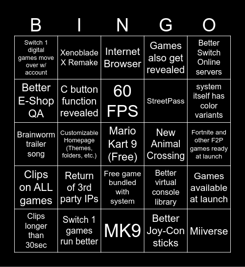 Switch Two Reveal Bingo Card