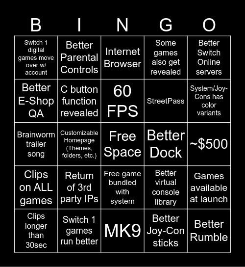 Switch Two Reveal Bingo Card