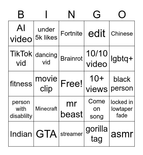 YT shorts Bingo Card