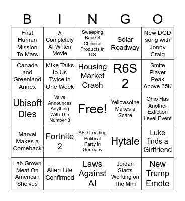 2025 Bingo Card (SkidMark) Bingo Card