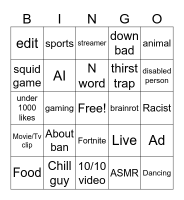 TikTok Reels Bingo Card