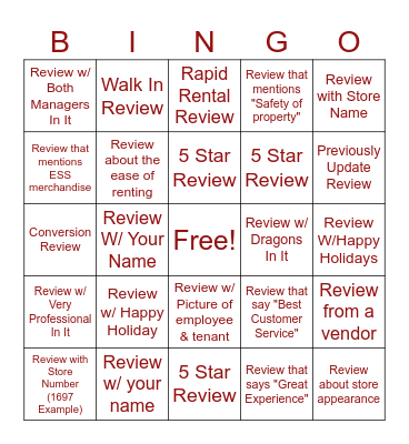 Reviews Bingo Card