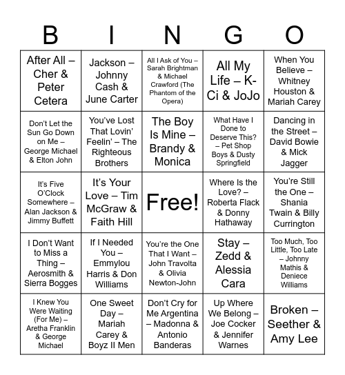 Legendary Duets Bingo Card