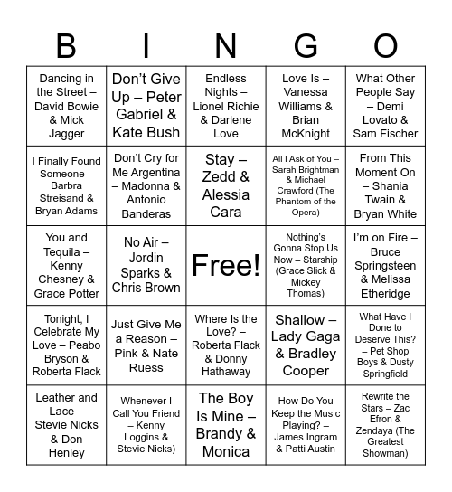 Legendary Duets Bingo Card