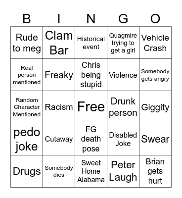 Family guy bingo Card