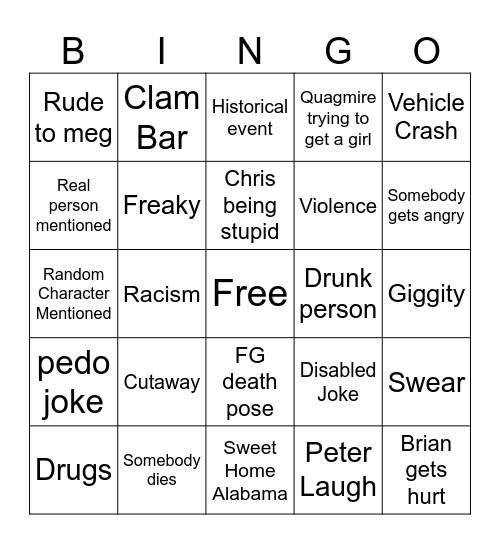 Family guy bingo Card