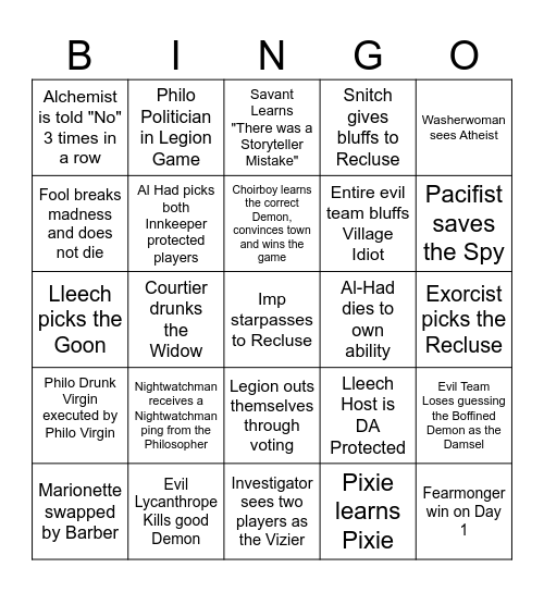 Custom Game Bingo Card