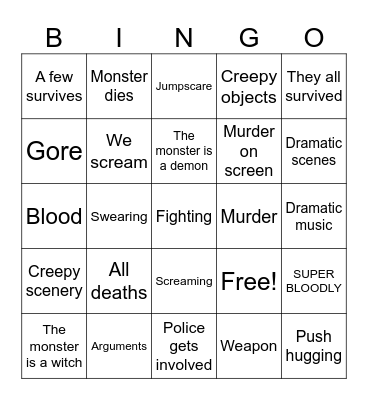 Horror movie bingo Card