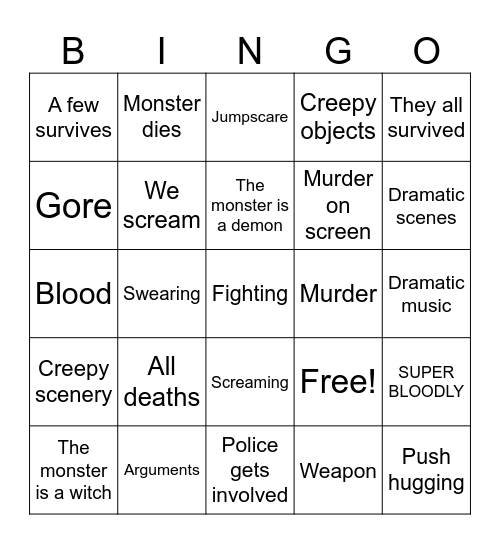 Horror movie bingo Card